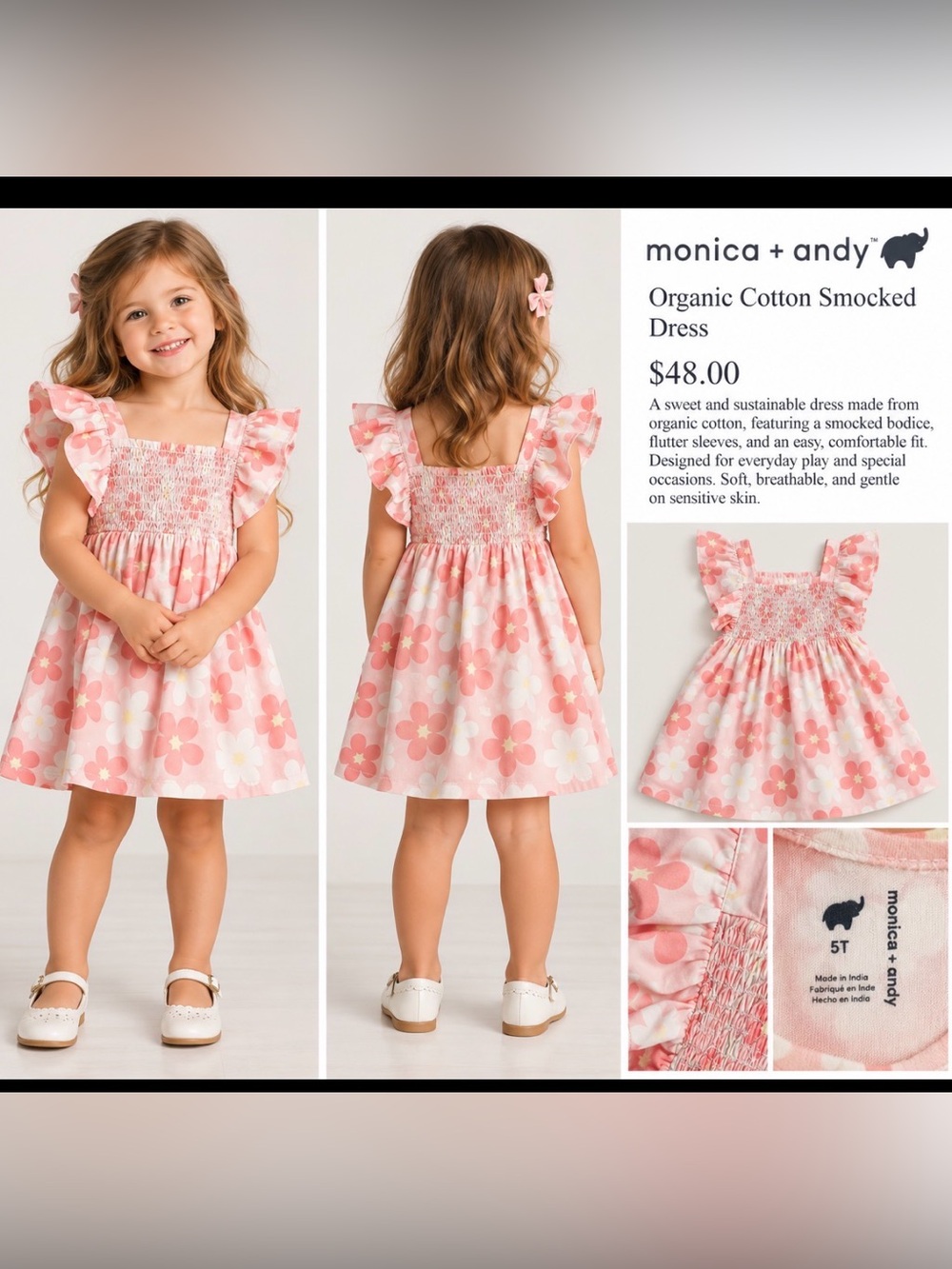Monica + Andy Kids’ Pink Floral Smocked Organic Cotton Dress, Size 5T